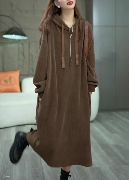 Loose Coffee Hooded Pockets Long Dress Winter Wm011