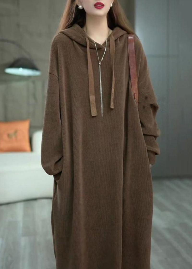 Loose Coffee Hooded Pockets Long Dress Winter Wm011