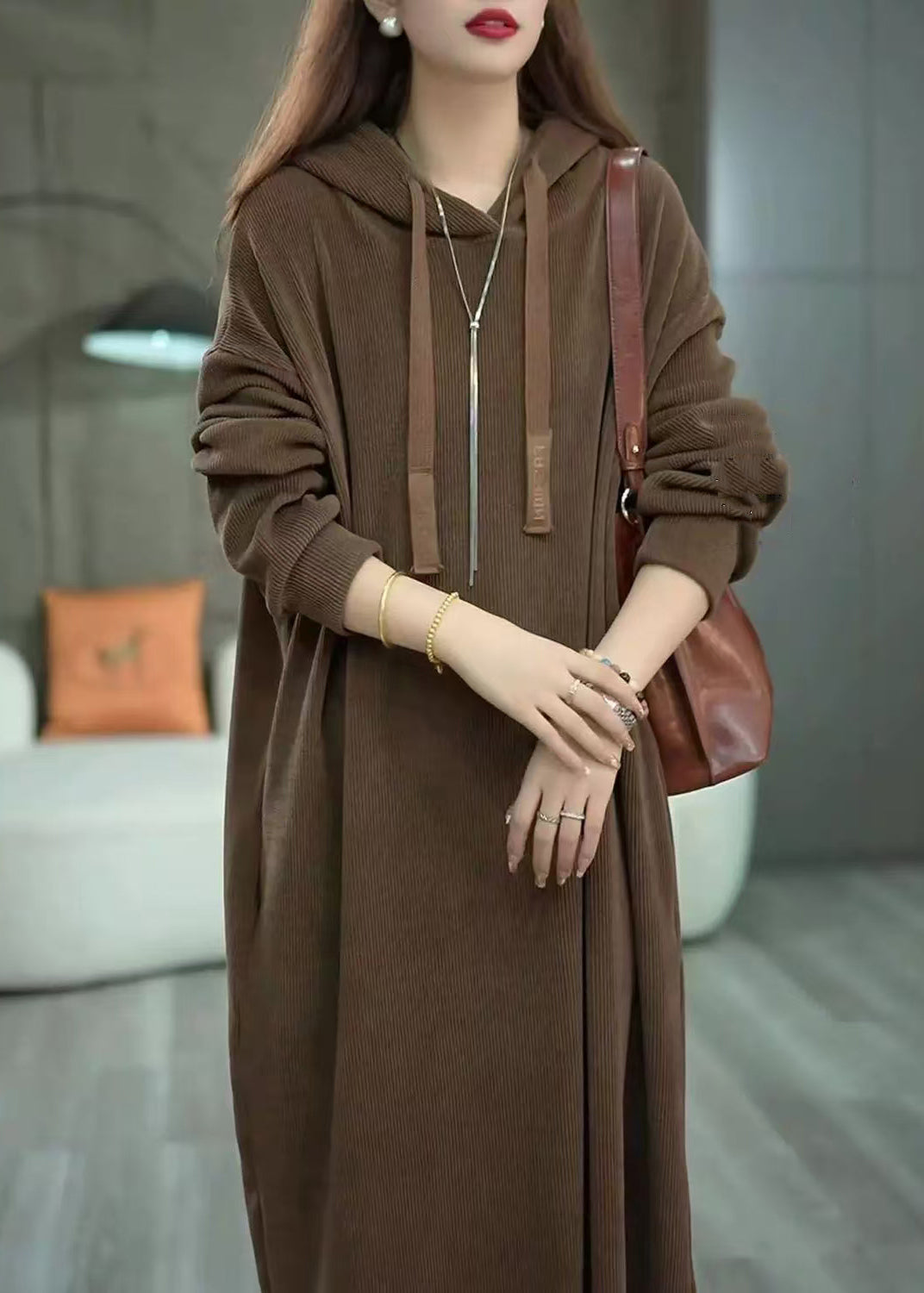 Loose Coffee Hooded Pockets Long Dress Winter Wm011