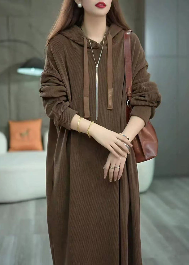 Loose Coffee Hooded Pockets Long Dress Winter Wm011