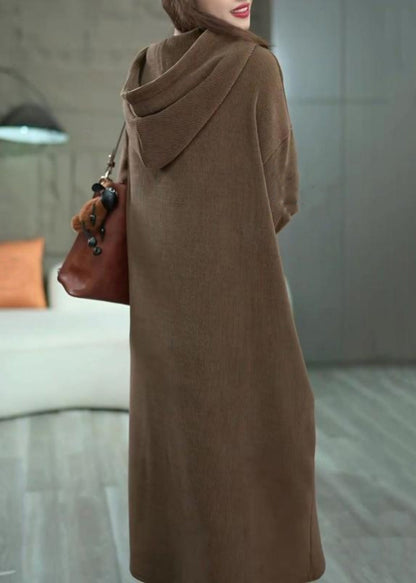 Loose Coffee Hooded Pockets Long Dress Winter Wm011