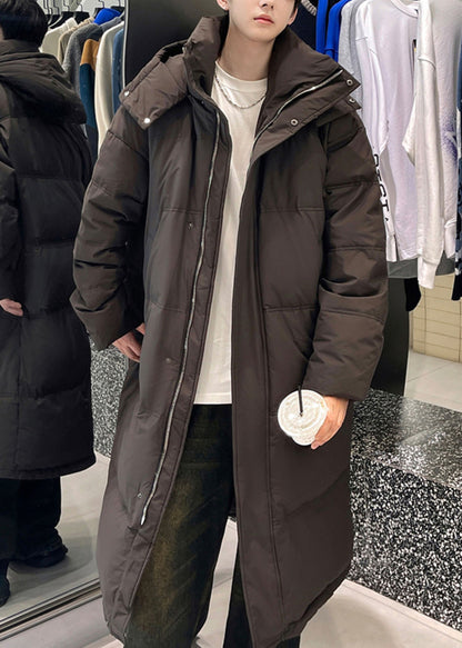Loose Coffee Hooded Zippered Duck Down Down Long Coats Winter Rm002