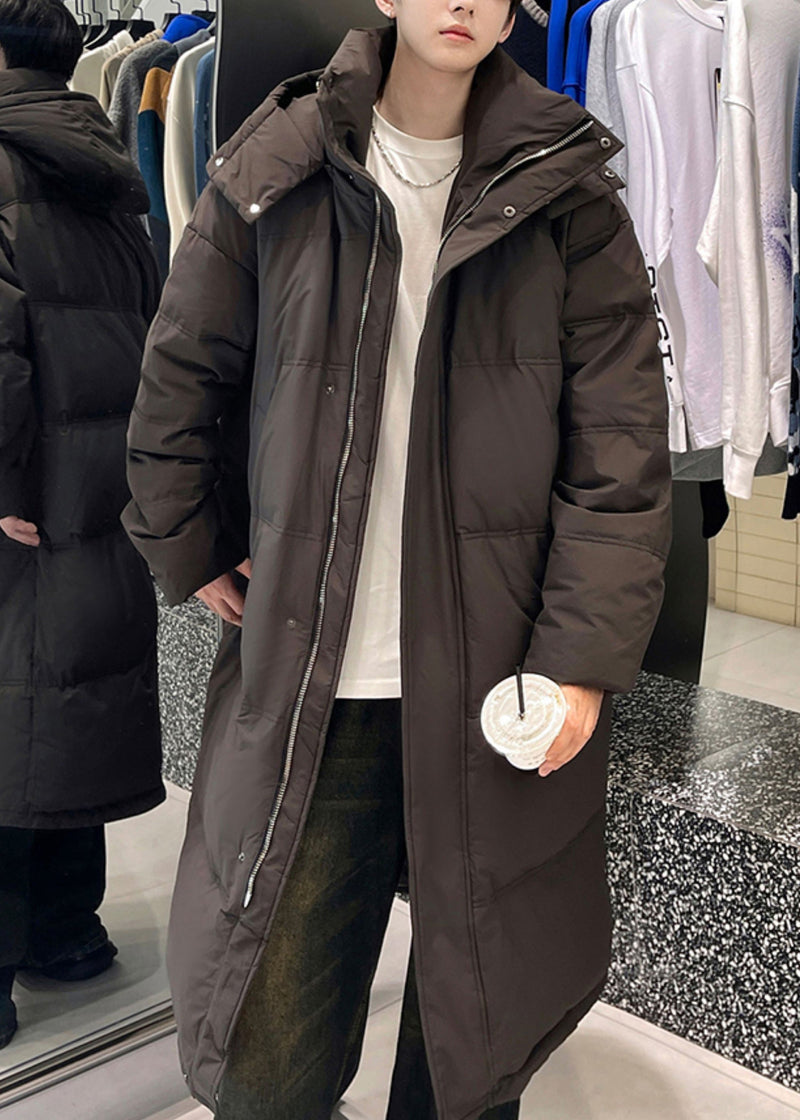 Loose Coffee Hooded Zippered Duck Down Down Long Coats Winter Rm002