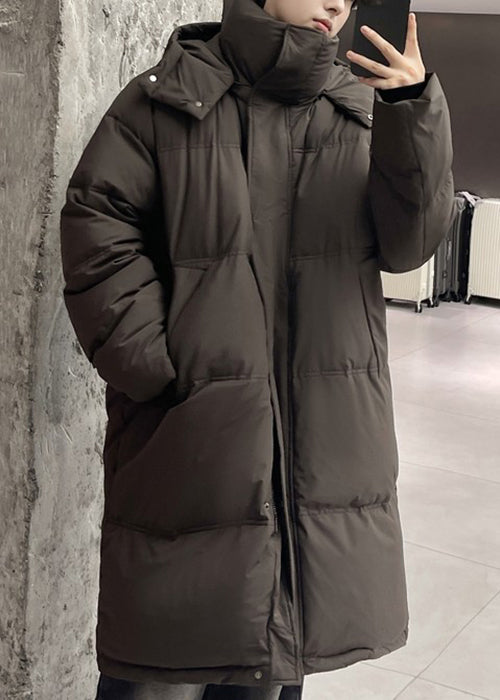 Loose Coffee Hooded Zippered Duck Down Down Long Coats Winter Rm002