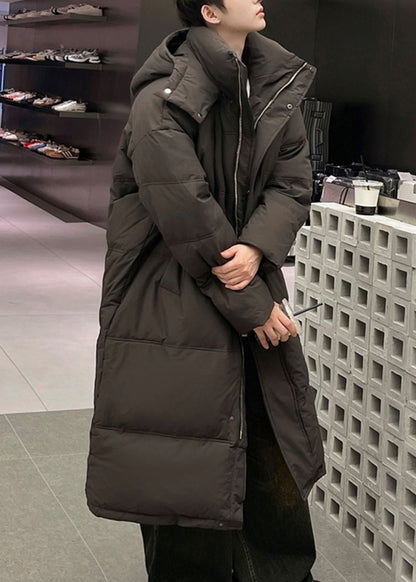 Loose Coffee Hooded Zippered Duck Down Down Long Coats Winter Rm002