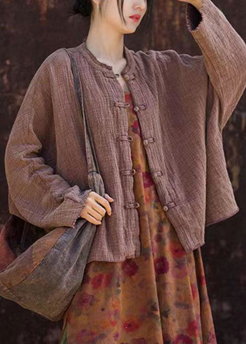 Loose Coffee O Neck Button Cotton Coats Batwing Sleeve Gh1029