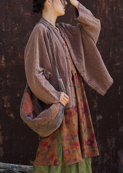 Loose Coffee O Neck Button Cotton Coats Batwing Sleeve Gh1029