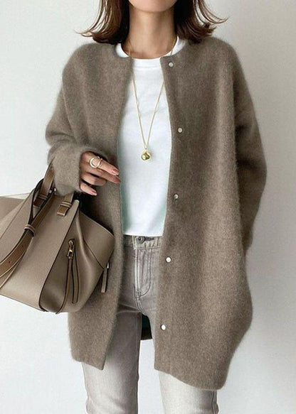 Loose Coffee O Neck Button Woolen Coat Spring Tf031