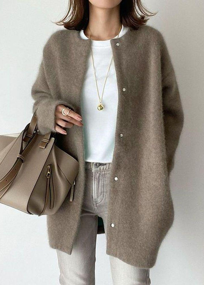 Loose Coffee O Neck Button Woolen Coat Spring Tf031
