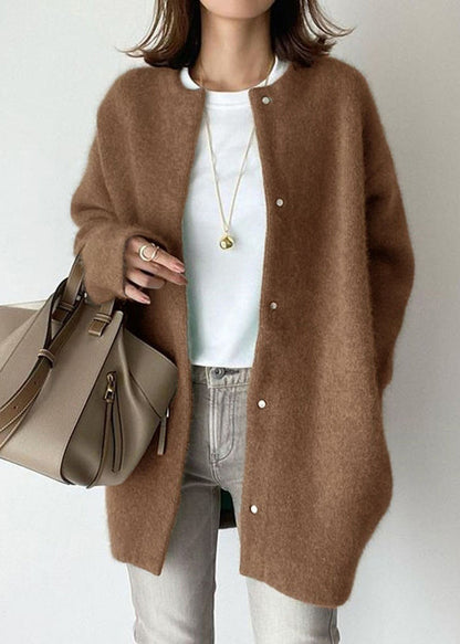 Loose Coffee O Neck Button Woolen Coat Spring Tf031
