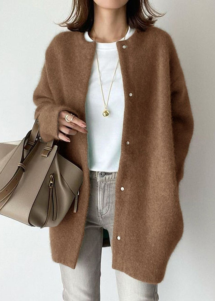 Loose Coffee O Neck Button Woolen Coat Spring Tf031