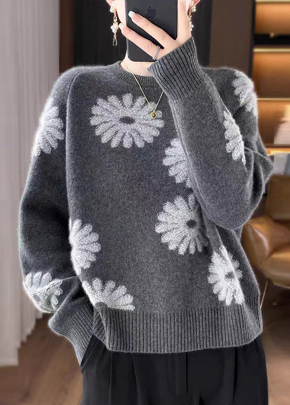 Loose Coffee O-neck Print Wool Knit Sweaters Fall Qp043