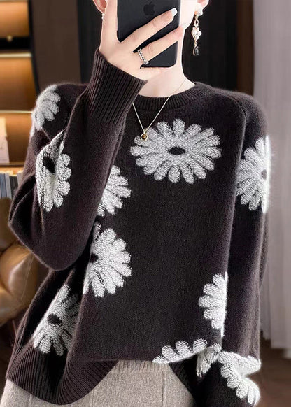 Loose Coffee O-neck Print Wool Knit Sweaters Fall Qp043