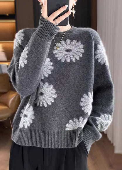 Loose Coffee O-neck Print Wool Knit Sweaters Fall Qp043