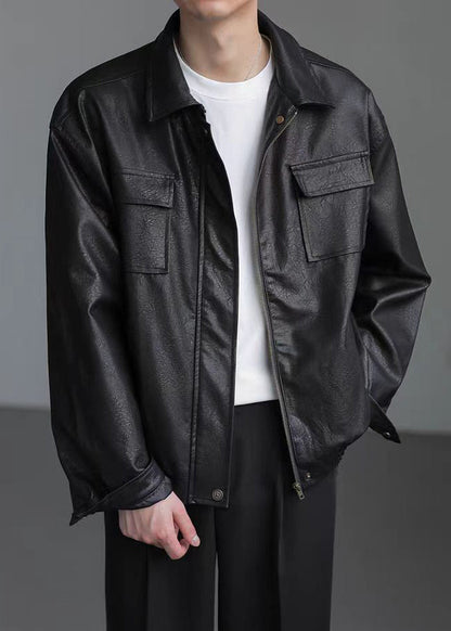 Loose Coffee Peter Pan Collar Pockets Faux Leather Coat Spring Rn021