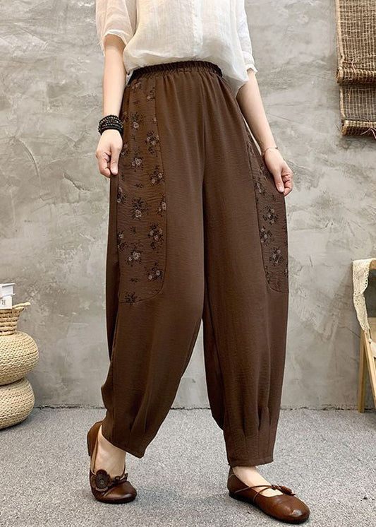 Loose Coffee Pockets Elastic Waist Cotton Crop Pants Summer Au1047