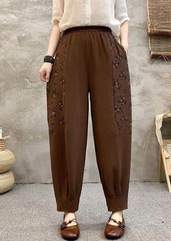 Loose Coffee Pockets Elastic Waist Cotton Crop Pants Summer Au1047