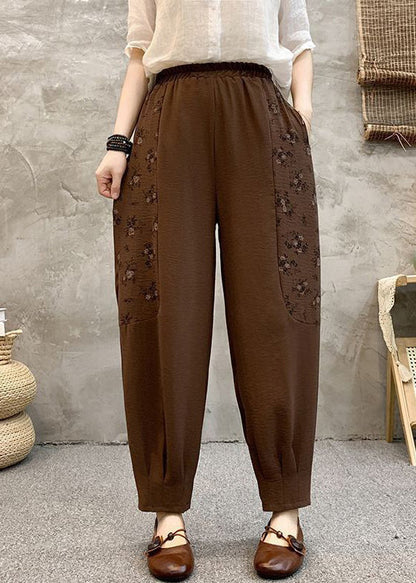Loose Coffee Pockets Elastic Waist Cotton Crop Pants Summer Au1047