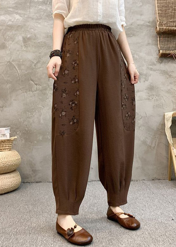 Loose Coffee Pockets Elastic Waist Cotton Crop Pants Summer Au1047