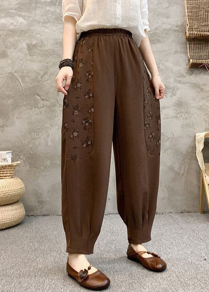 Loose Coffee Pockets Elastic Waist Cotton Crop Pants Summer Au1047