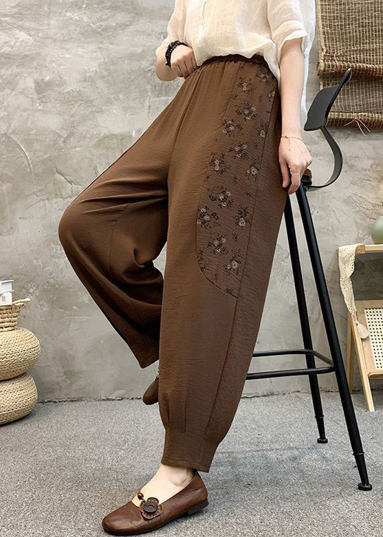 Loose Coffee Pockets Elastic Waist Cotton Crop Pants Summer Au1047