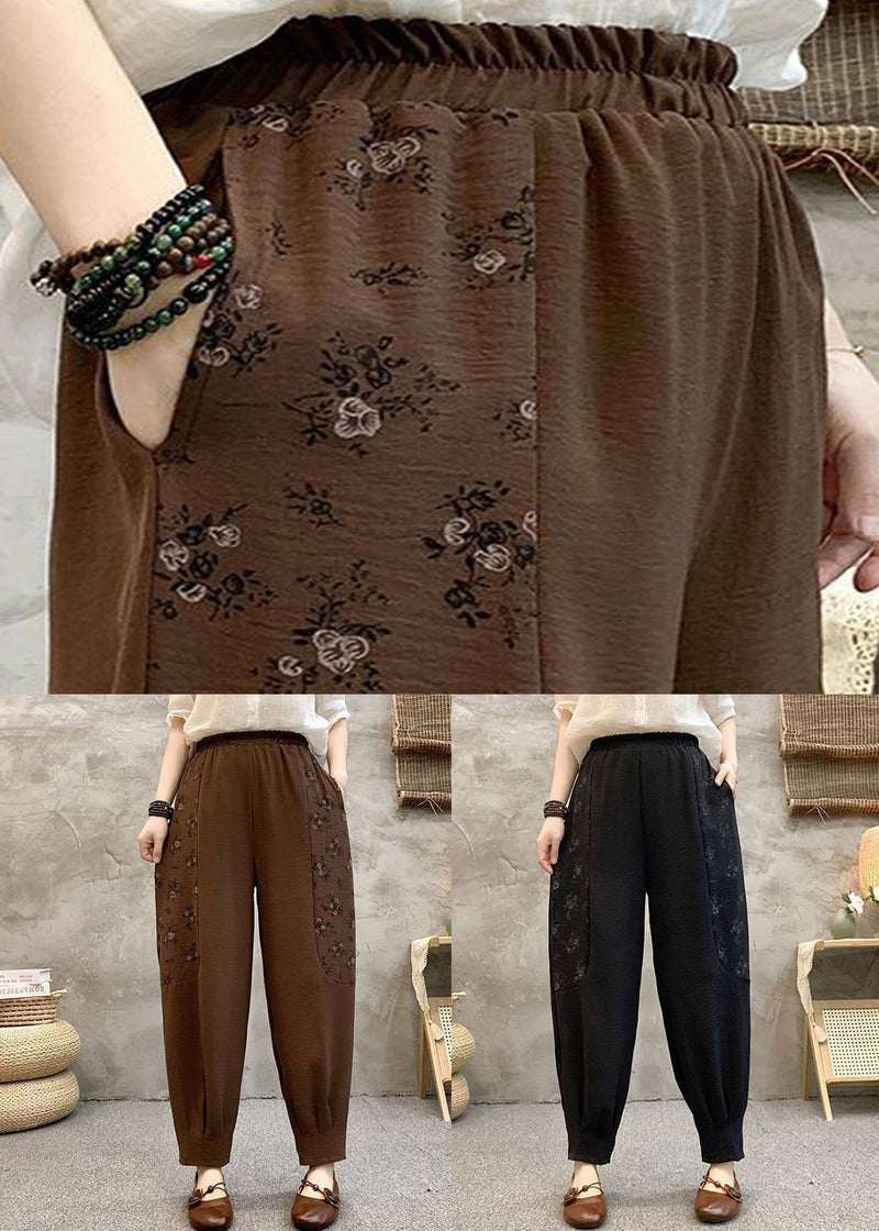 Loose Coffee Pockets Elastic Waist Cotton Crop Pants Summer Au1047