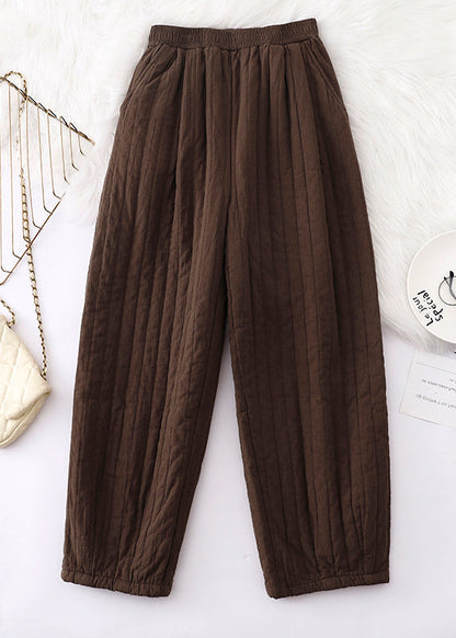 Loose Coffee Pockets Elastic Waist Fine Cotton Filled Pants Winter Ru008