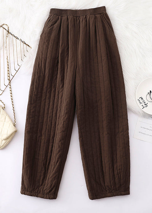 Loose Coffee Pockets Elastic Waist Fine Cotton Filled Pants Winter Ru008