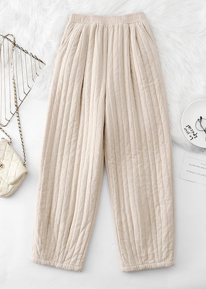 Loose Coffee Pockets Elastic Waist Fine Cotton Filled Pants Winter Ru008