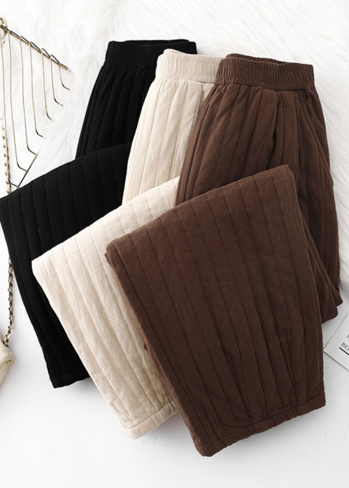 Loose Coffee Pockets Elastic Waist Fine Cotton Filled Pants Winter Ru008