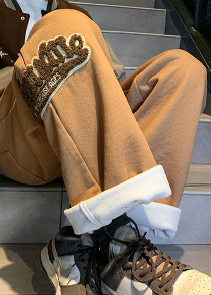 Loose Coffee Pockets Elastic Waist Warm Fleece Pants Winter Wa043