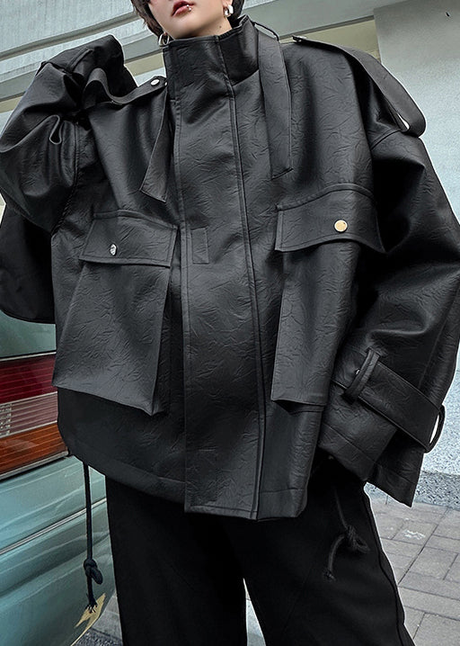 Loose Coffee Stand Collar Pockets Faux Leather Coat Spring Rn029