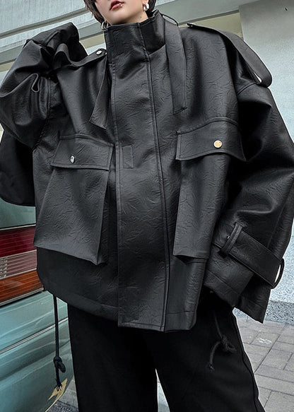 Loose Coffee Stand Collar Pockets Faux Leather Coat Spring Rn029