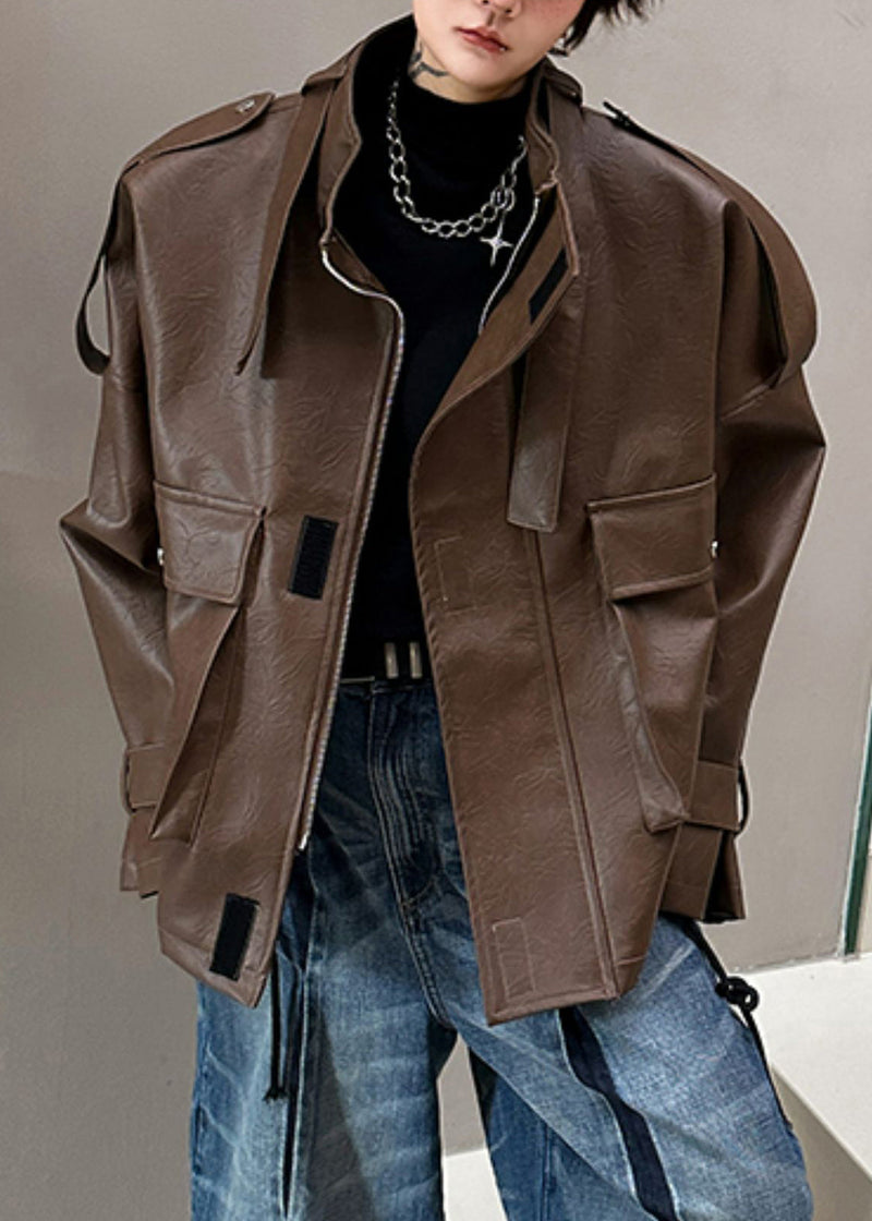 Loose Coffee Stand Collar Pockets Faux Leather Coat Spring Rn029