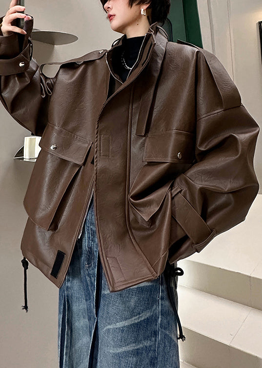 Loose Coffee Stand Collar Pockets Faux Leather Coat Spring Rn029
