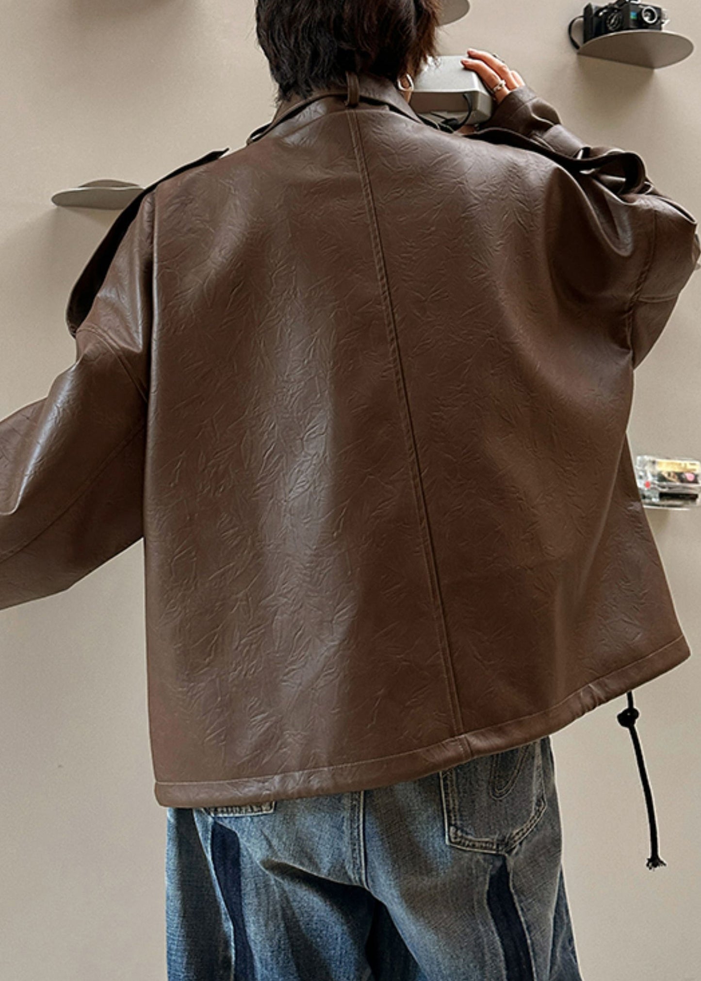 Loose Coffee Stand Collar Pockets Faux Leather Coat Spring Rn029