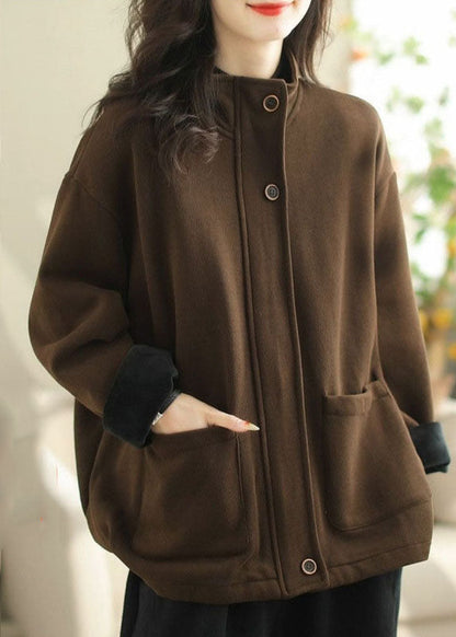 Loose Coffee Stand Collar Pockets Warm Fleece Coats Spring Tz035