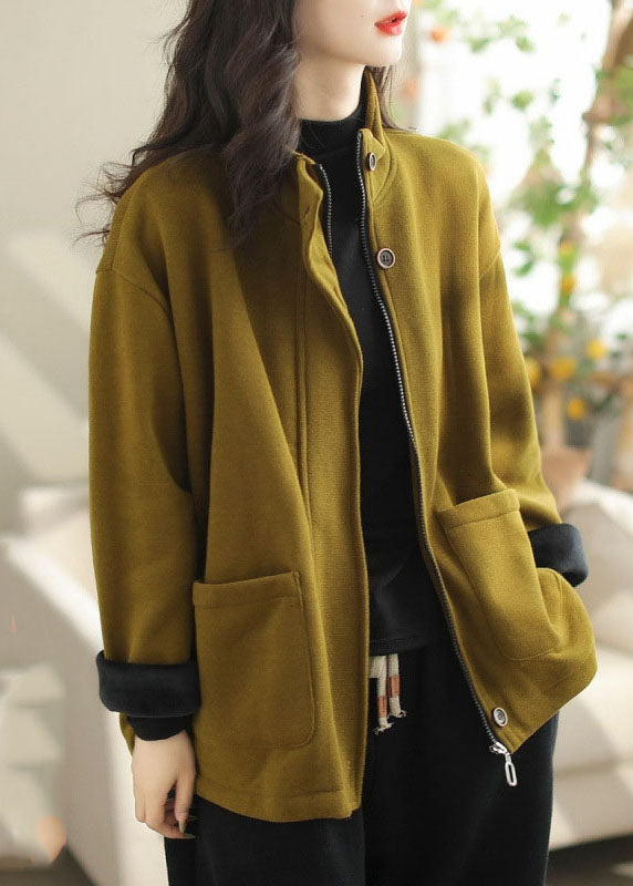 Loose Coffee Stand Collar Pockets Warm Fleece Coats Spring Tz035