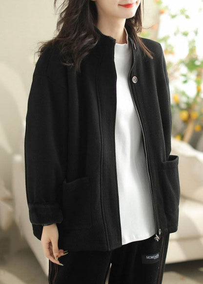 Loose Coffee Stand Collar Pockets Warm Fleece Coats Spring Tz035
