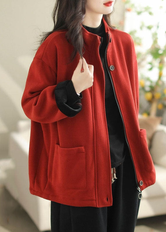 Loose Coffee Stand Collar Pockets Warm Fleece Coats Spring Tz035