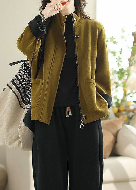 Loose Coffee Stand Collar Pockets Warm Fleece Coats Spring Tz035