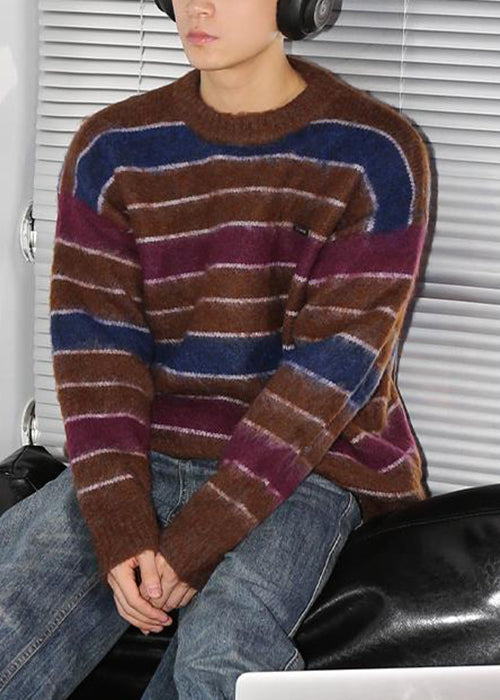 Loose Coffee Striped Thick Cotton Knit Sweaters Winter Qf026
