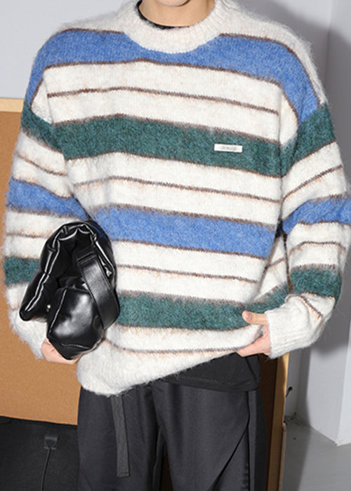 Loose Coffee Striped Thick Cotton Knit Sweaters Winter Qf026