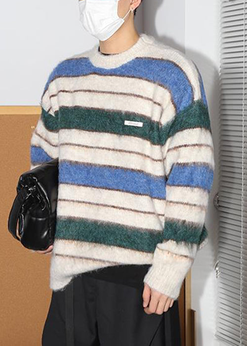 Loose Coffee Striped Thick Cotton Knit Sweaters Winter Qf026