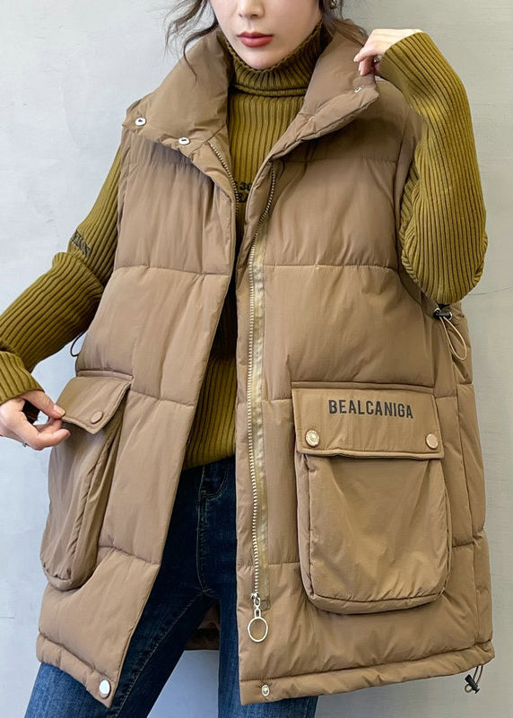 Loose Coffee Zip Up Letter Pockets Cotton Filled Waistcoat Sleeveless Yw010
