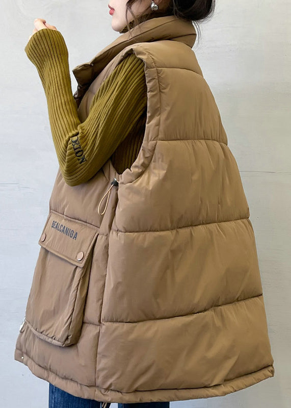 Loose Coffee Zip Up Letter Pockets Cotton Filled Waistcoat Sleeveless Yw010
