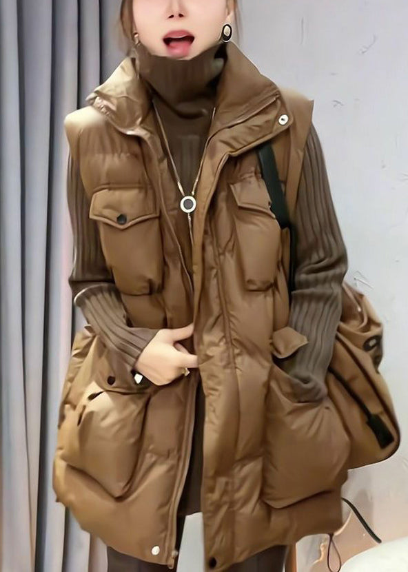 Loose Coffee Zip Up Pockets Cotton Filled Waistcoat Sleeveless Yw015