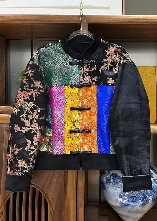 Loose Colorblock Stand Collar Button Silk Coat Long Sleeve Cg1058