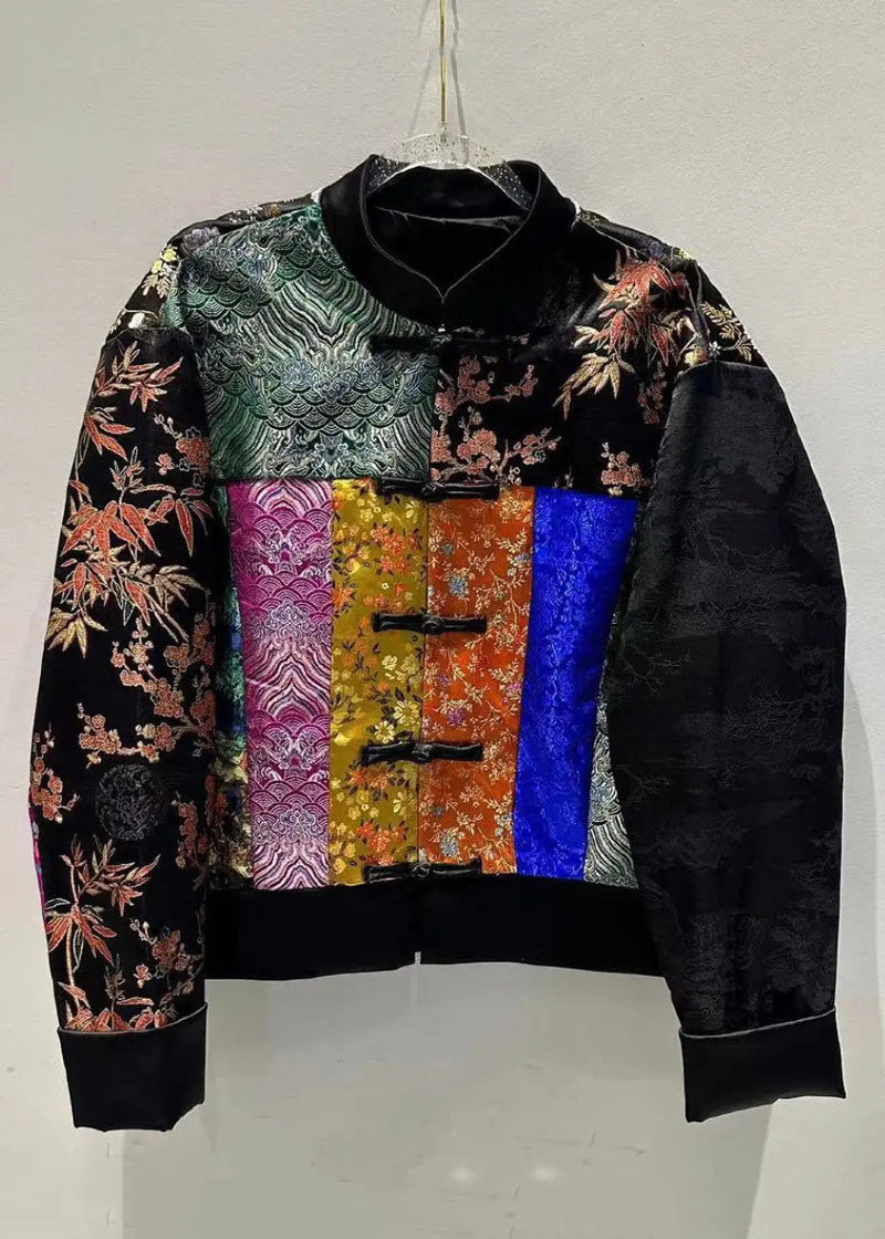 Loose Colorblock Stand Collar Button Silk Coat Long Sleeve Cg1058