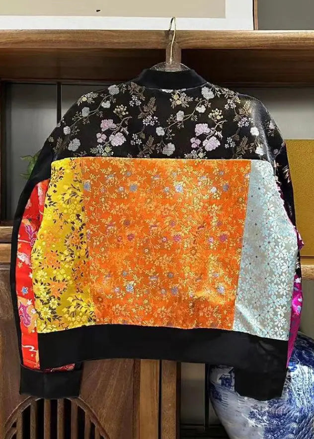 Loose Colorblock Stand Collar Button Silk Coat Long Sleeve Cg1058